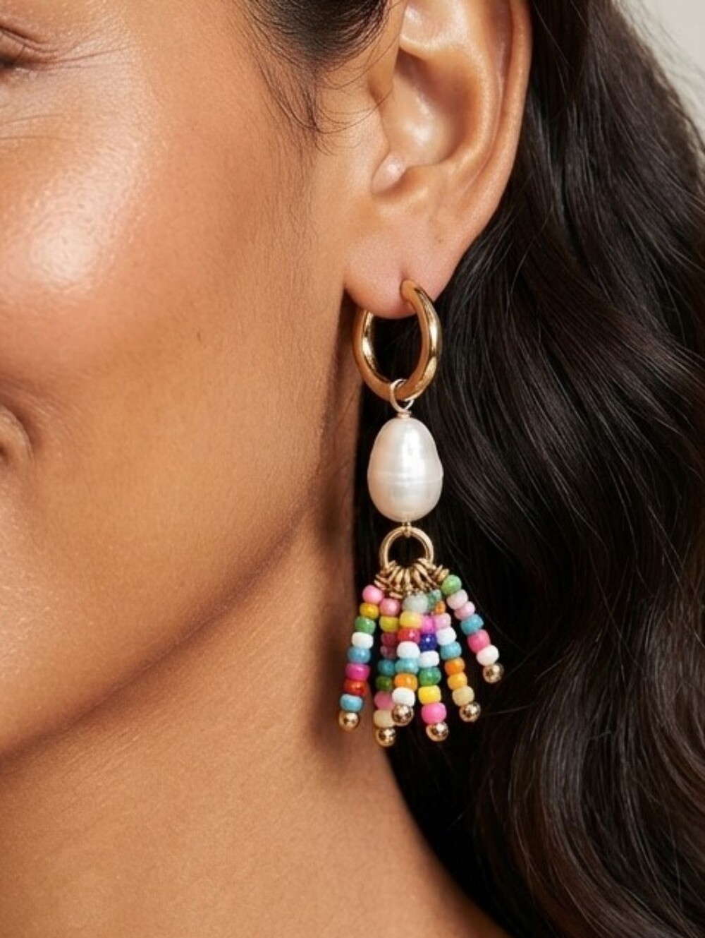 ✨ NWT Talbots Semiprecious Pearl & Seed Bead Hoop Earrings 🌈 Colorful Huggie